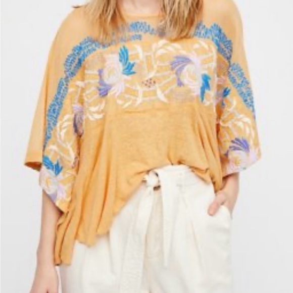 Free People Tops - Free People Love Letter Embroidered Linen Blend Poncho Top Tangerine Sz L $128
